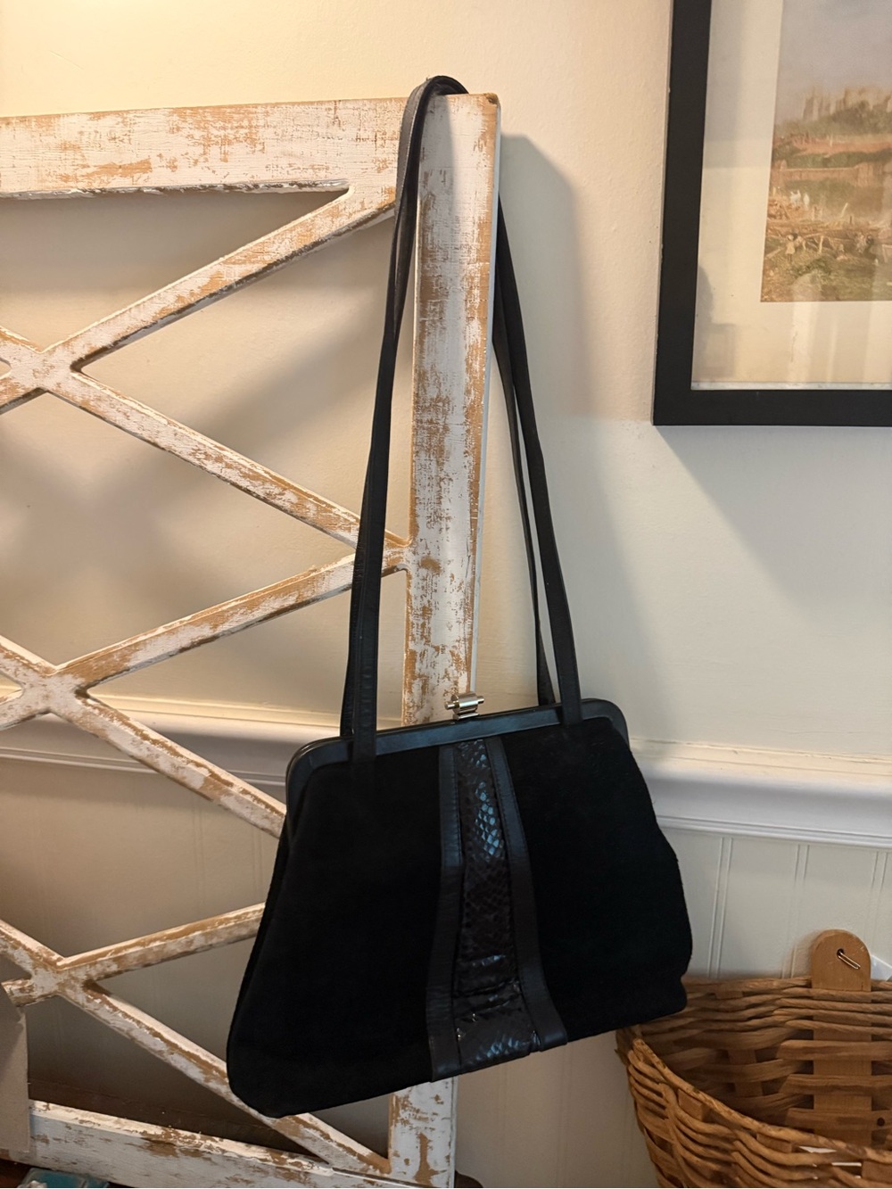 Vintage Margolin Black Suede Purse with Snake-Accent Center